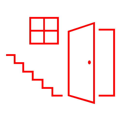 Symbolische Darstellung einer geöffneten Tür, einer Treppe und eines Fensters